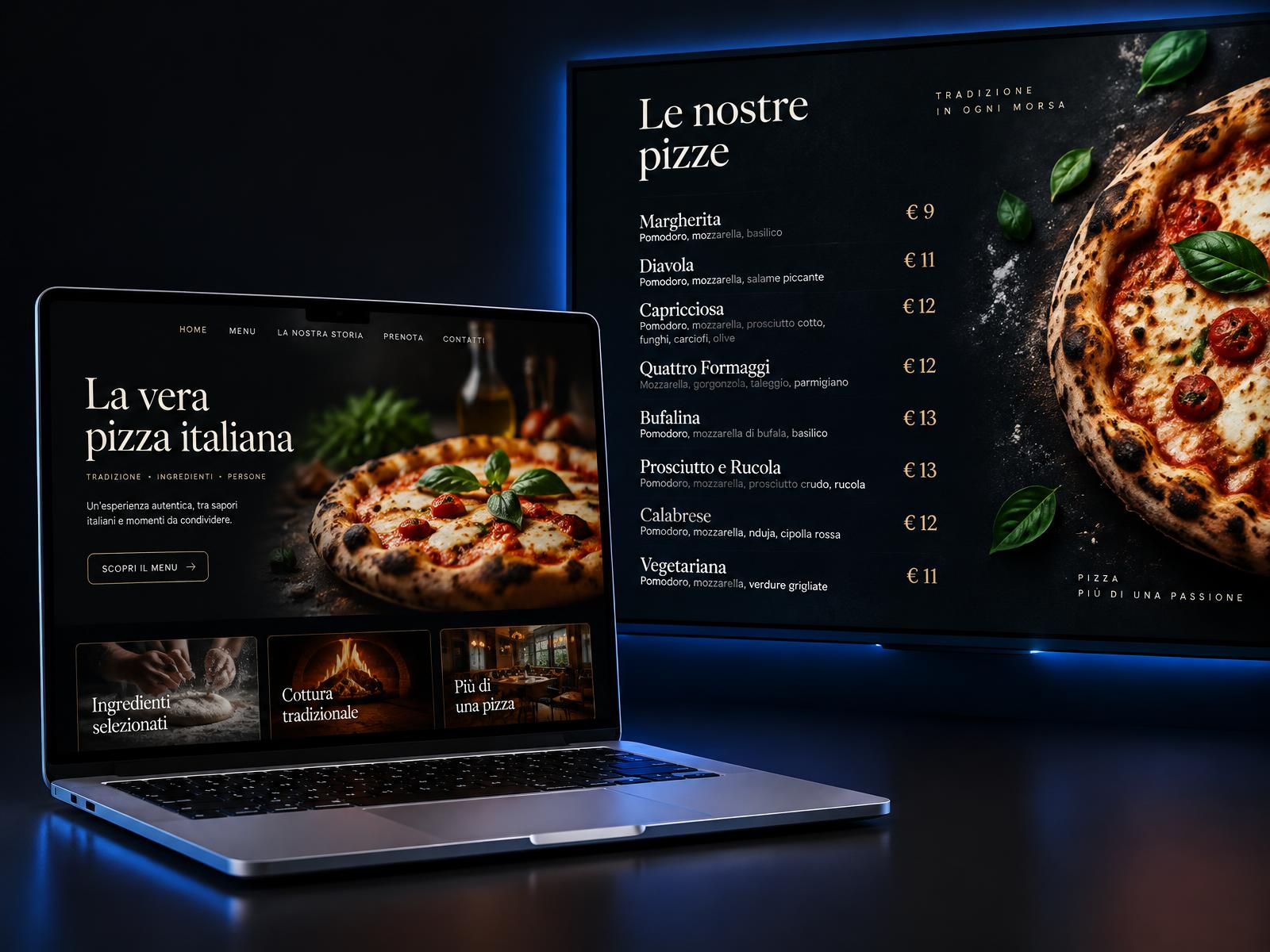 Restaurant website on a laptop beside a digital pizza menu on a widescreen TV